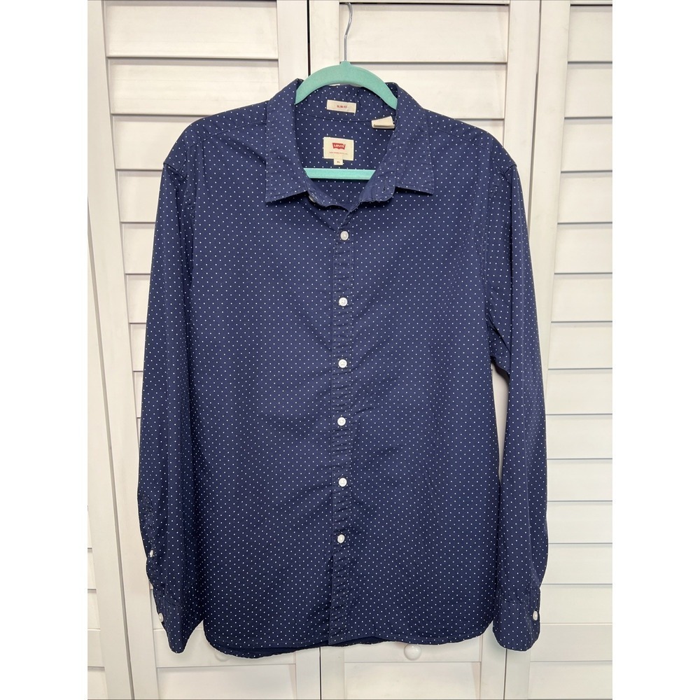 Levi's Slim Fit Polka Dot Long Sleeve Button Down Shirt Men's Size XL Navy